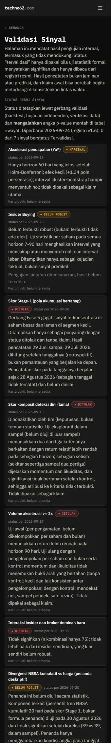 Halaman Validasi Sinyal di ponsel: daftar status sinyal dan hasil pengujian